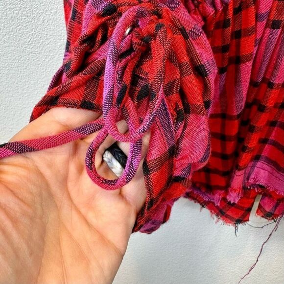 NWOT Free People Pacific Dawn Red & Pink Plaid Shirt With Waist Drawstring M - Picture 4 of 11